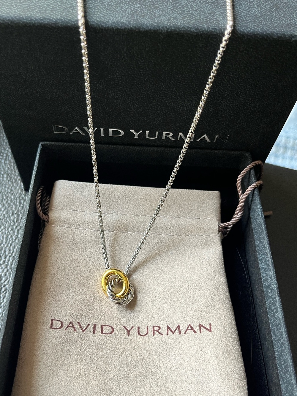 David Yurman Two-Tone Cable Knot Necklace in Yellow Gold and Silver